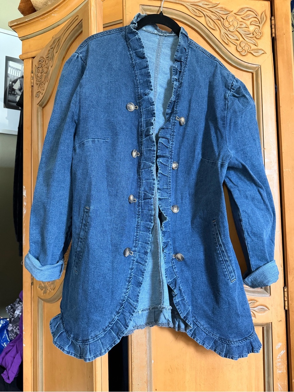 Denim Ruffle-Trim Jacket - Blue - Picture 2 of 8